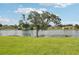 Scenic backyard view of a tranquil lake with mature landscaping and a sandhill crane at 2218 Brookfield Greens Cir # 82, Sun City Center, FL 33573