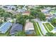 Aerial view of a home with a screened-in pool, mature trees, and neighborhood streets at 2601 Brookville Dr, Valrico, FL 33596