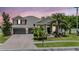 Charming home featuring a well-manicured lawn, mature palm trees, a two-car garage, and beautiful exterior lighting at 3656 Kalanchoe Pl, Wesley Chapel, FL 33544