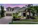 Charming home featuring a well-manicured lawn, mature palm trees, a two-car garage, and beautiful exterior lighting at 3656 Kalanchoe Pl, Wesley Chapel, FL 33544