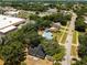 Aerial view showcasing the neighborhood, mature trees, nearby roads, and community landscape at 4260 Saint Lawrence Dr, New Port Richey, FL 34655