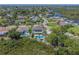 Beautiful aerial view of the property's in-ground pool, landscaping, and neighborhood with canal access to the bay at 4353 Dewey Dr, New Port Richey, FL 34652