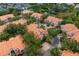 Scenic aerial view of a townhome community with lush landscaping, a serene pond, and red tile roofs at 1122 Shipwatch Cir, Tampa, FL 33602