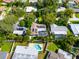 Aerial view of property featuring a solar panel roof, screened-in pool, and beautiful backyard at 1235 Nelson St, Dunedin, FL 34698
