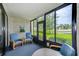Enclosed lanai featuring a seating area with views of the lush landscaping and pond at 14130 Rosemary Ln # 4115, Largo, FL 33774