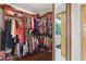 Walk-in closet with built-in shelving and hardwood floors offers plenty of storage space at 14168 Fennsbury Dr, Tampa, FL 33624