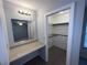 Bathroom area with vanity, mirror, and closet with built in shelving at 14667 Pine Glen Crk # 14667, Lutz, FL 33559