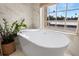 Freestanding soaking tub with a caddy next to a bright window in a modern bathroom at 230 Columbia Dr, Tampa, FL 33606