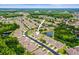 A beautiful aerial view of a community featuring pond views and lush green landscaping at 31108 Whitlock Dr, Wesley Chapel, FL 33543