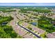 A peaceful aerial view of a neighborhood with ponds and lush green landscaping at 31108 Whitlock Dr, Wesley Chapel, FL 33543