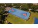Aerial shot of blue outdoor basketball court featuring red basketball hoops at 3201 Pine Top Dr, Valrico, FL 33594