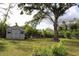 Lush backyard with a storage shed, a large tree and manicured lawn at 4657 Parkway Blvd, Land O Lakes, FL 34639