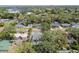 An aerial view shows a quaint neighborhood with mature trees, charming homes and a stadium in the distance at 511 Roanoke St, Dunedin, FL 34698