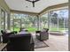 Inviting screened patio with wicker furniture, area rug, and view of the backyard and spa at 9075 Waterash N Ln, Pinellas Park, FL 33782