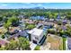 Aerial view of a modern home nestled in a green, suburban neighborhood with city skyline at 908 W Fribley St, Tampa, FL 33603