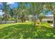 Expansive backyard featuring lush green grass, mature trees, privacy fence, and play area at 10833 Breaking Rocks Dr, Tampa, FL 33647