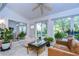 Cozy sunroom with lots of natural light, surrounded by plants, sliding doors, and a ceiling fan at 1210 Wolford Dr, Trinity, FL 34655