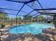 Enclosed swimming pool with a screened enclosure, patio area, and privacy fence at 1445 Stonehenge Way, Palm Harbor, FL 34683