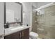 Bathroom with a walk-in shower, granite countertop and dark wood cabinets at 14855 Renaissance Ave, Odessa, FL 33556