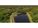 Aerial view of a lake, a paved walking path, mature trees, and a private home in a lush, established neighborhood at 15934 Sorawater Dr, Lithia, FL 33547