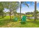 Backyard view of waterfront, dock and adirondack chairs at 3366 Clover Leaf Ln, Land O Lakes, FL 34639