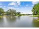 Scenic view of a calm lake surrounded by mature trees and beautiful waterfront homes at 3366 Clover Leaf Ln, Land O Lakes, FL 34639