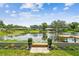 Picturesque lake view featuring waterfront access, mature trees, and lush landscaping at 3366 Clover Leaf Ln, Land O Lakes, FL 34639