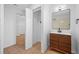 Chic bathroom with wooden vanity, sleek fixtures, and convenient closet access in a well-lit space at 5109 Horton Rd, Plant City, FL 33567