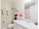 Bathroom with a single sink vanity and mirror, toilet, and a shower with a floral curtain at 8517 N Branch Ave, Tampa, FL 33604