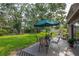 Well-manicured backyard with green space and a welcoming patio area with table and umbrella at 9465 126Th Ave, Largo, FL 33773