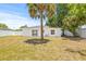Backyard with palm tree, lawn, sliding glass doors and white privacy fence at 1128 Eau Claire Cir, Tampa, FL 33619