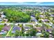 Aerial view of a neighborhood featuring mature trees and a pond at 15108 Springview St, Tampa, FL 33624