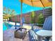 Backyard pool area with lounge chairs, umbrellas, and wood fence at 1608 20Th W Ave, Palmetto, FL 34221