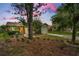 Single-story home with mature trees, lush lawn, and a front bench, set against a pink-tinged twilight sky at 204 Lake Charles Ct, Oldsmar, FL 34677