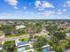 A serene neighborhood and home from an aerial view showcases lush greenery and established trees at 4461 Shore Acres Ne Blvd, St Petersburg, FL 33703