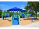 Inviting community playground with blue and green play structures, shade canopies, and accessible walkways at 4770 Ballantrae Blvd, Land O Lakes, FL 34638
