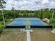 Aerial view of two well-maintained blue and green tennis courts with surrounding trees at 4916 Rolling Green Dr, Wesley Chapel, FL 33543