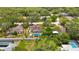 An aerial view showcases a property with a pool, backyard, and fenced perimeter at 7818 Holiday Dr, Spring Hill, FL 34606