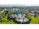 Aerial view of community pool, surrounded by lush greenery and palm trees at 7822 Atwood Dr, Wesley Chapel, FL 33545