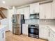 Modern kitchen featuring stainless steel appliances, white cabinets, and quartz countertops at 11291 Cay Spruce Way, San Antonio, FL 33576