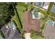 Overhead view of a private backyard with pool, spa, lush foliage and manicured greenery at 2041 Gold Dust Ct, Trinity, FL 34655
