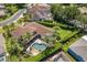 Aerial shot of a tropical backyard oasis featuring a pool, spa, patio, and lush landscaping at 2041 Gold Dust Ct, Trinity, FL 34655
