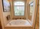 Bright bathroom featuring a luxurious soaking tub, a separate glass shower, and a large window at 2041 Gold Dust Ct, Trinity, FL 34655