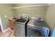 Laundry room with modern stainless steel washer and dryer, sink, wood cabinets and a rack on the wall at 2041 Gold Dust Ct, Trinity, FL 34655