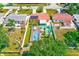 Aerial view of a home showcasing a private pool, fenced yard, and outdoor living space with mature landscaping at 4360 82Nd N Ave, Pinellas Park, FL 33781