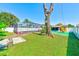 Backyard with lush artificial turf, large shade tree, and screened pool, creating a comfortable outdoor retreat at 4360 82Nd N Ave, Pinellas Park, FL 33781