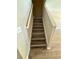 Stairway with modern wood look flooring and white trim at 6333 Maisie Rd, Zephyrhills, FL 33542