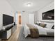 Digitally staged bedroom featuring wood floors, ensuite, and reach in closet at 7633 Piping Rock Ct # 7633, New Port Richey, FL 34654
