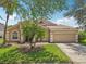 Well-maintained home featuring a two-car garage, landscaped yard, and decorative windows at 8124 Brinegar Cir, Tampa, FL 33647