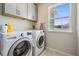 Functional laundry room with modern washer and dryer, upper cabinets, and a window providing natural light at 8208 Praise Dr, Tampa, FL 33625